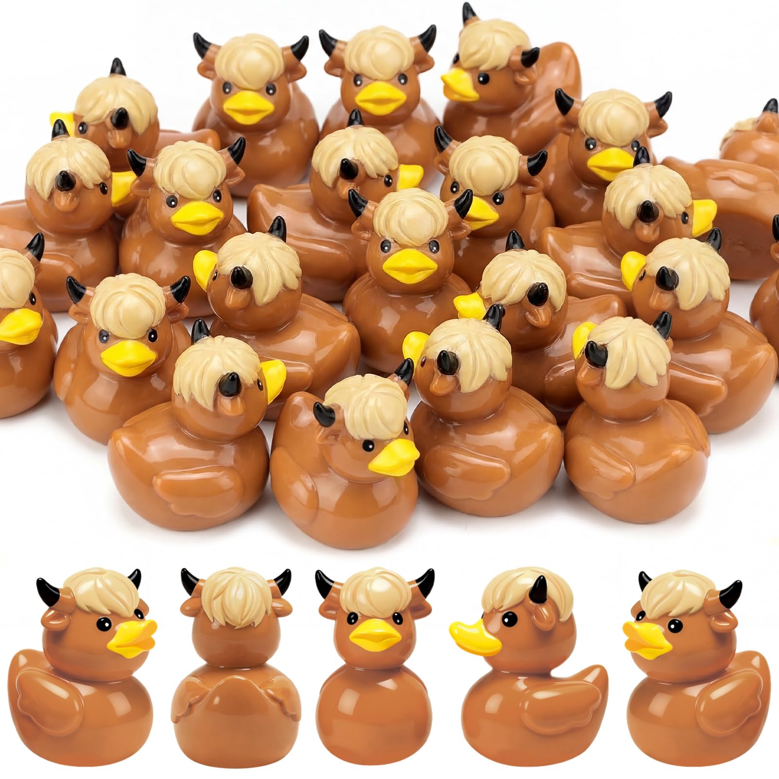 Junkin 100 Pcs Mini Highland Cow Ducks,0.8 Inch Tiny Highland Cow Duck Figurines,Cute Resin Miniature Animal Figures for Garden,Cake Toppers, Party Favors, Table Scatter, and DIY Craft Decorations