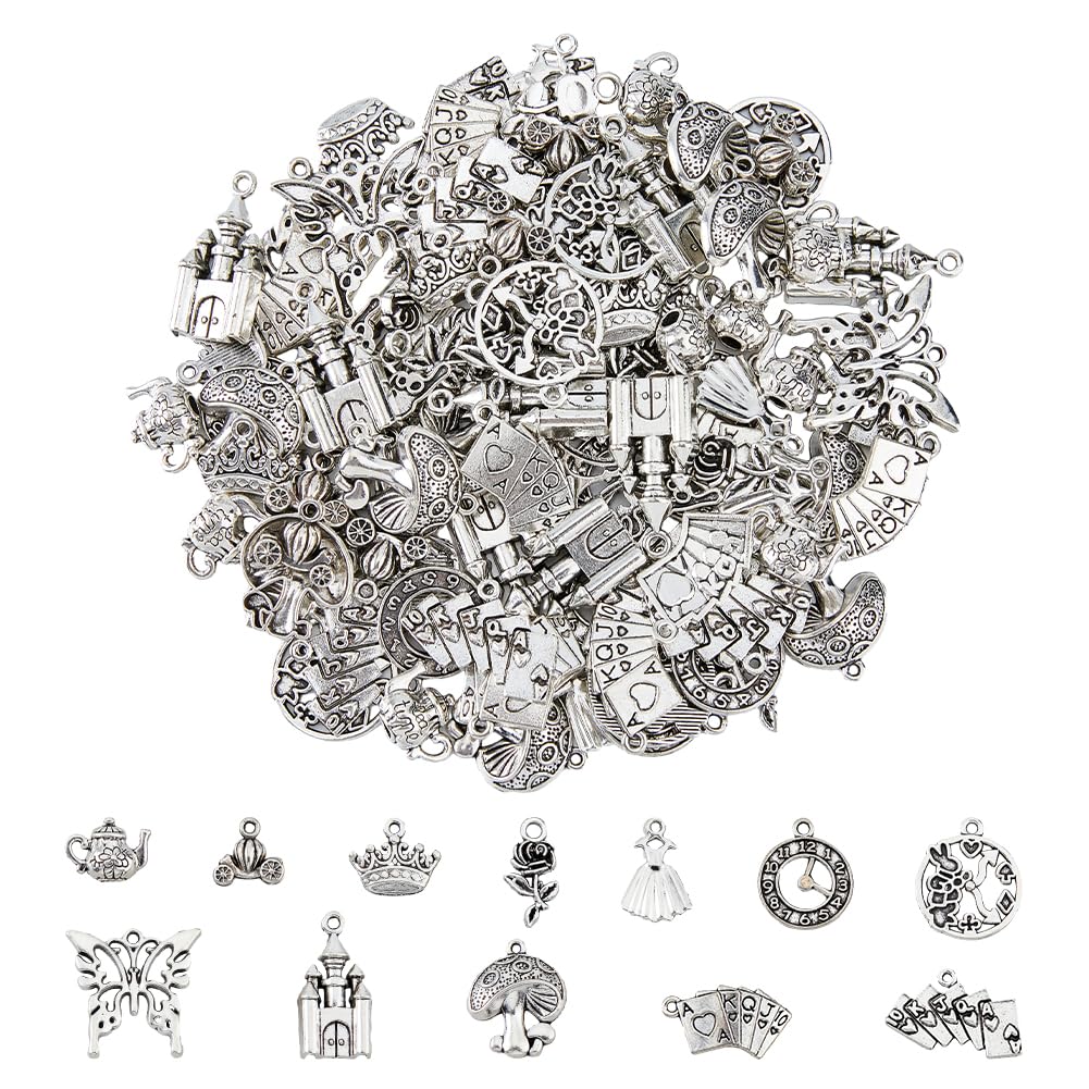 DICOSMETIC 120Pcs Tibetan Alloy Pendants Antique Silver Fairy Tale Charms Assorted Rose, Mushroom, Rabbit, Crown, Castle for Jewelry Making, Hole: 1.6-2.5mm