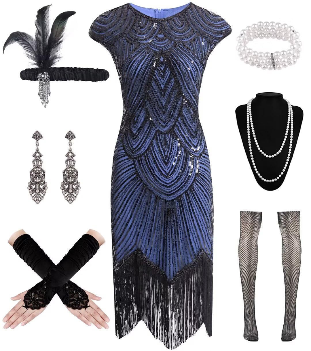 WILDPARTY 1920s Dresses for Women, Flapper Dress with Sequins Beaded Fringed Mesh Stockings, 20s Accessories Mafia Costume Ladies