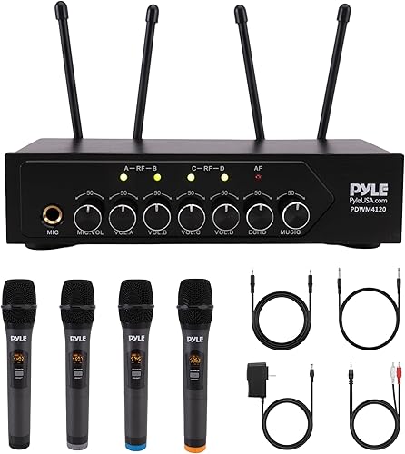 Pyle Micrófonos inalámbricos, micrófonos duales UHF profesionales para karaoke, sistema de micrófono dinámico inalámbrico con receptor recargable,