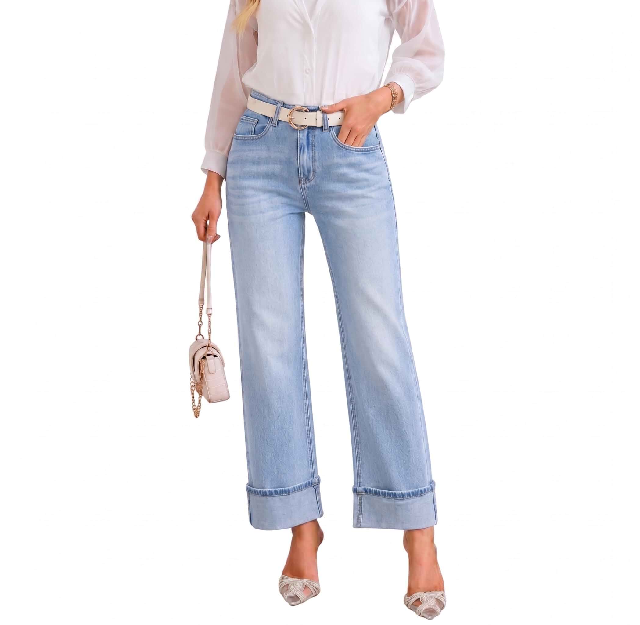 Wide Leg Jeans for Women Trendy Stretchy High Waisted Cuffed Jeans Cuffed Jeans Womens, Baggy Straight Leg, Tummy Control, Boyfriend, Trendy, Casual, Work Daily Outfits