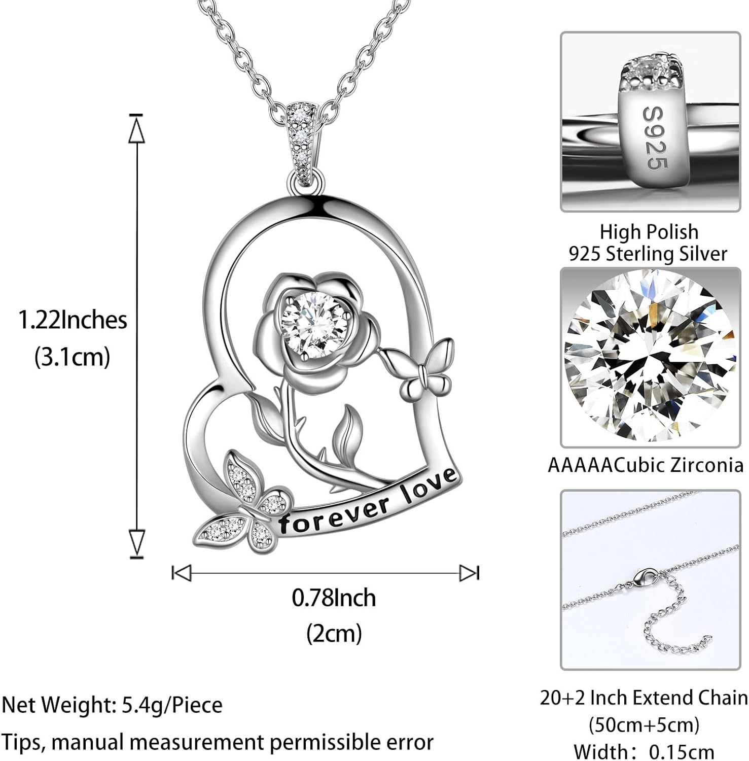 925 Sterling Silver Heart Rose Flower Birthstone Necklace for Women Butterfly Pendant Necklace Elegant Rose Promise Necklace Birth Stone Necklace Rose Flower Jewelry Christmas Gifts for Women Mom Her - Image 6