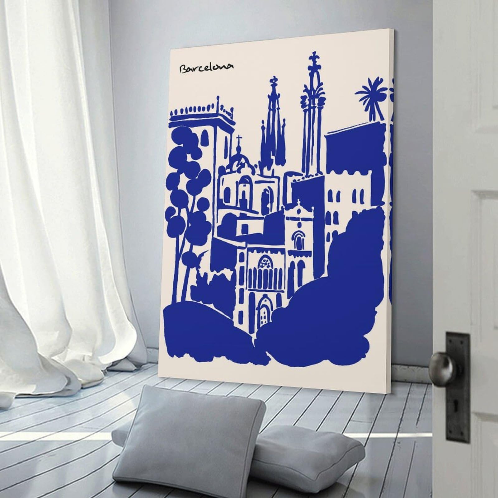 Junmoney Decorative Canvas Print Barcelona Cityscape Blue Silhouette Illustration, 20x30inch(50x75cm), for Home Office, Desk Area Or Studio, Home Office Artwork with Decorative Appeal