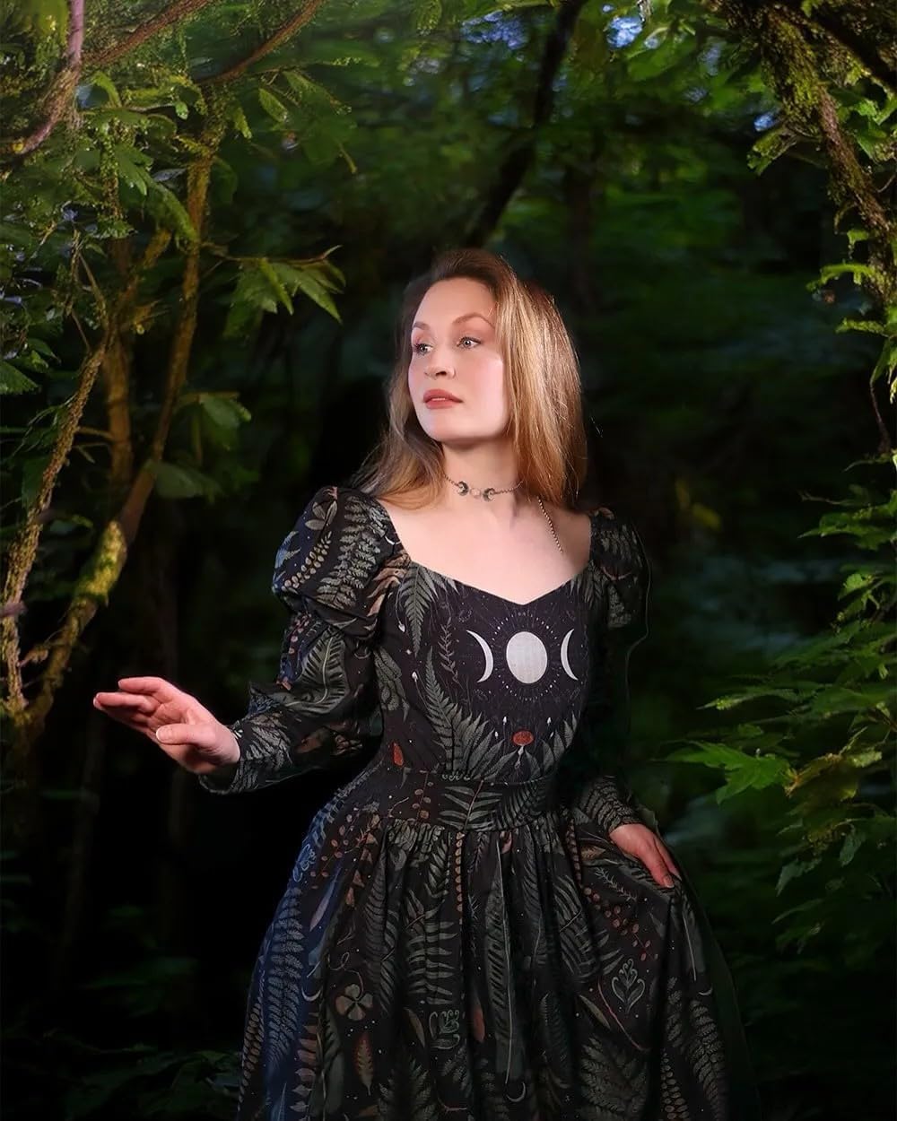 Womens Black Floral Dresses Gothic Celestial Maxi Sundresses Long Sleeve Casual Boho Flowy Dress Valentines Outfit - Image 6