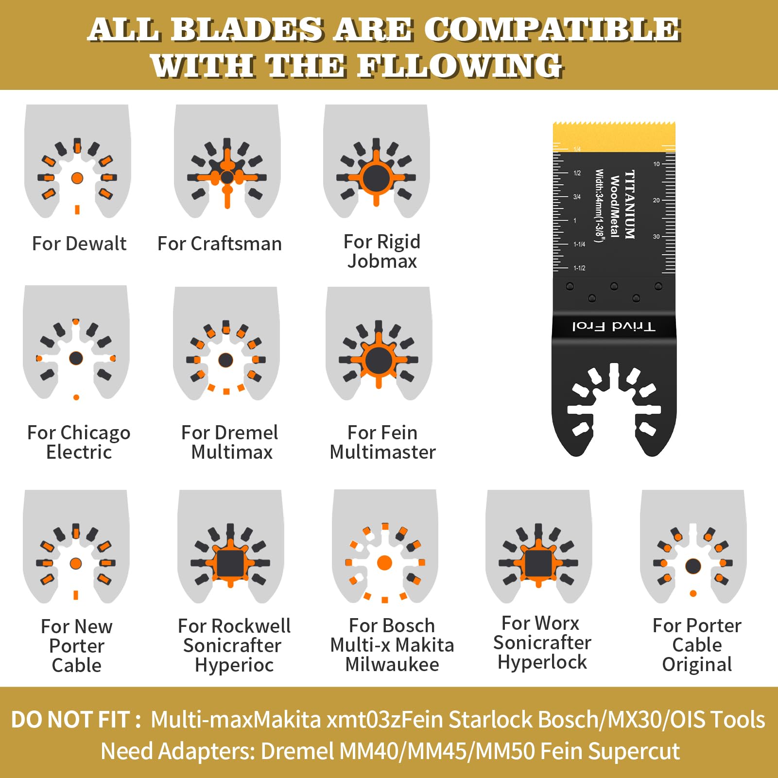 Juego de 10 cuchillas oscilantes de titanio multiherramienta, hojas de sierra oscilantes para corte de metal para clavos, madera, plástico y material duro, juego de cuchillas oscilantes para Dewalt