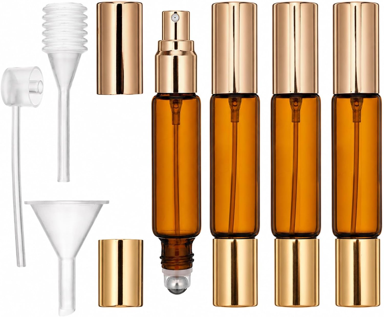 4pcs Refillable Perfume Bottle, 10ml Dual-Head Travel Perfume Bottle with Roller Ball & Spray, Leakproof Portable Roller Ball Applicator with Funnel Tool for Essential Oils