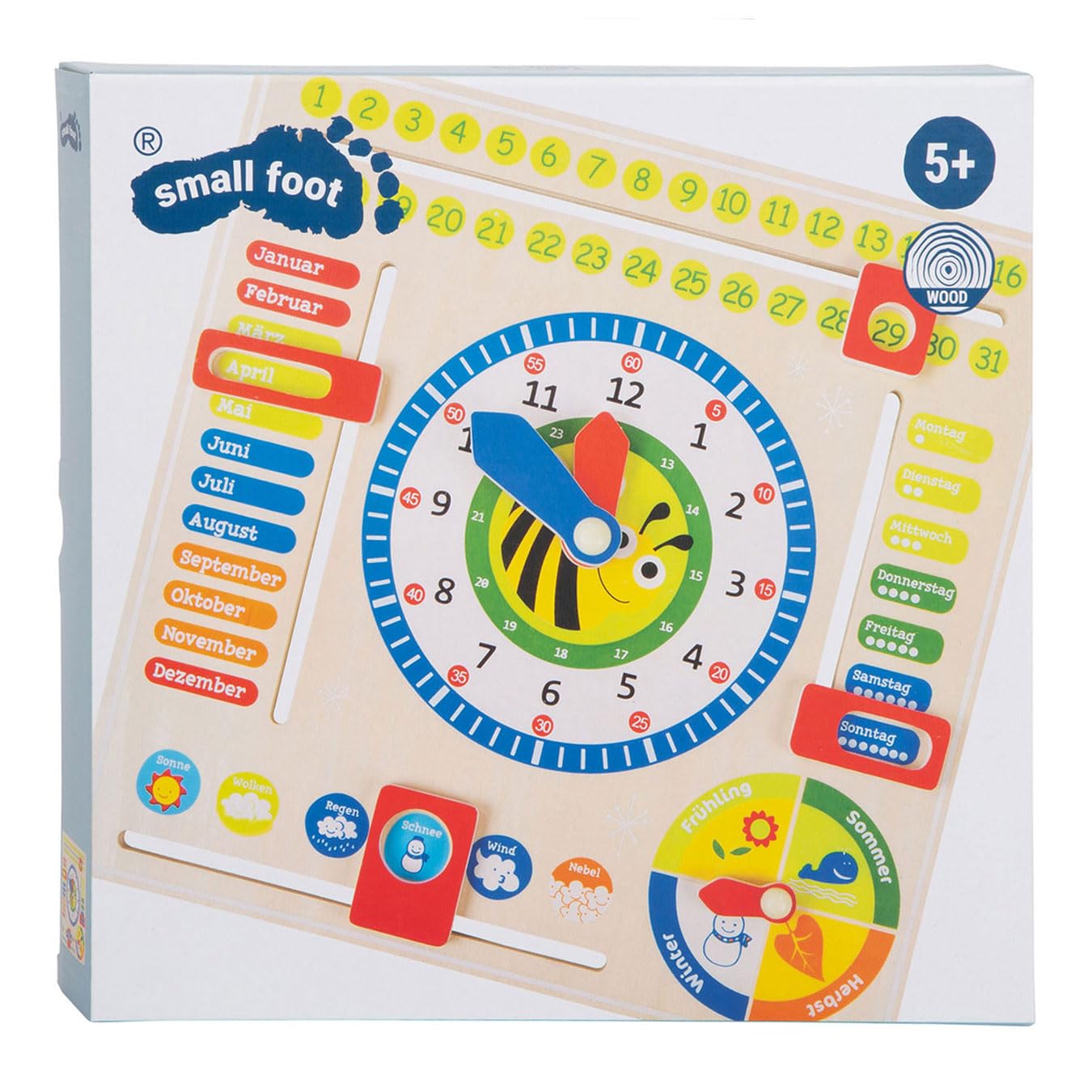 small foot 4765 wooden learning clock "busy bee", learning board for date time and seasons, Unbemalt - Image 2