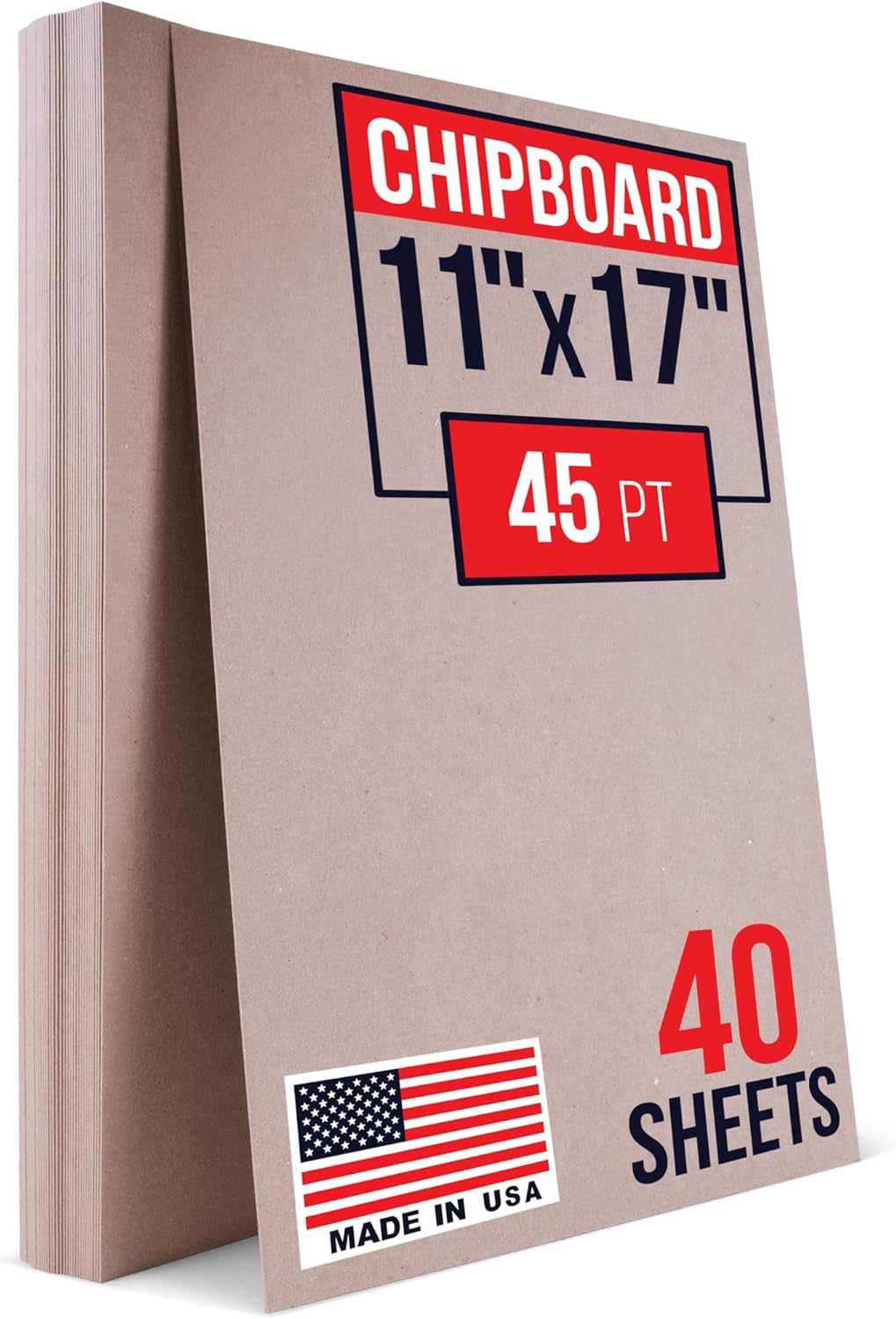 11" x 17" Brown Kraft Plain Chipboard Sheets, 45 Pt Thick – Made in USA Durable Cardboard Chipboard for Cardstock Projects, Picture Frame Backing, Scrapbooking – Bundle of 40