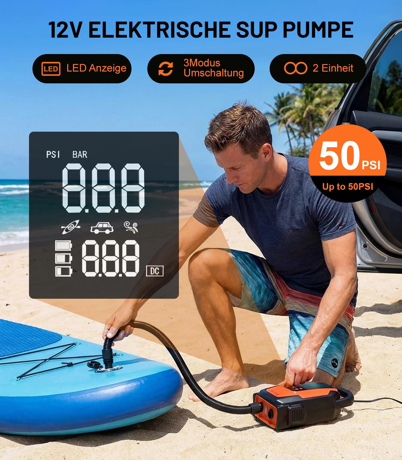 SUP Pumpe Elektrisch, 50PSI 3in1 Elektrische SUP Luftpumpe 12V DC Autoanschluss mit Inflation Auto-Off/Ausgasungsfunktion/LED, für Paddel/Kajaks/Autoreifen/Boote/Zelt Usw