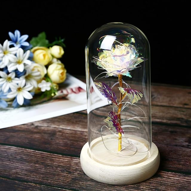 TYXSHIYE Forever Rose in Glass Dome, 24K Rainbow Rose with 20 LEDS 2M/6.6ft String Light, 3PCS AAA Batteries Included for Christmas Thanksgiving Wedding Anniversary Mother's Day Valentine's Day