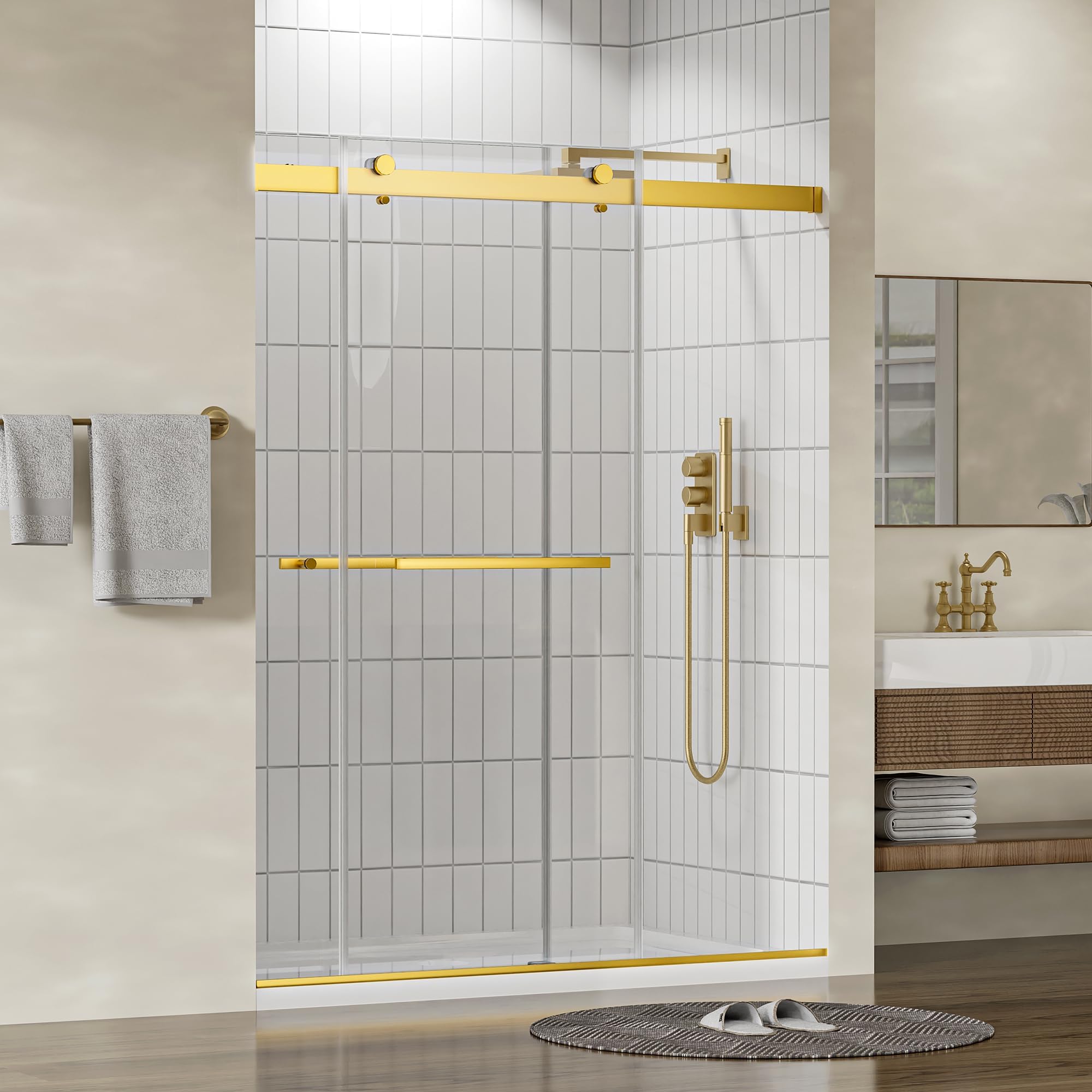 56"-60" W x 75" H Frameless Shower Door, Double Sliding Shower Door,5/16"(8mm) Clear Tempered Glass,Silent Soft-Close Design,Brushed Gold