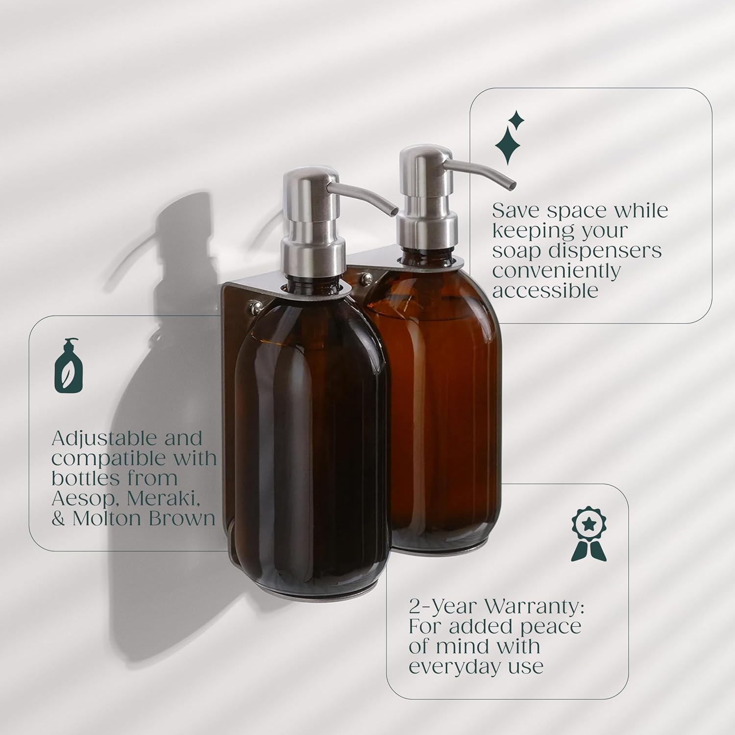 Wall-Mounted Bottle Dispenser Holder Bracket in Brushed Nickle, Silver, and Soap Bottle Brackets, for Bathroom and Kitchen (Double)