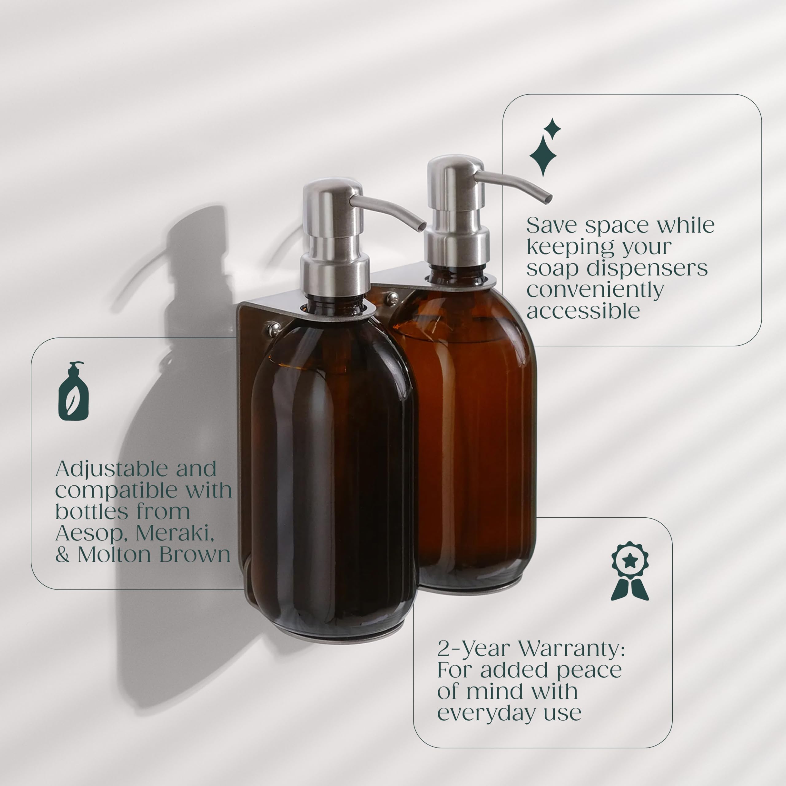 Kuishi Supporto doppio per dispenser di sapone a parete in argento satinato, supporto per flaconi di sapone da 250-500ml, dispenser di sapone a parete, resistente alla corrosione, flaconi non inclusi