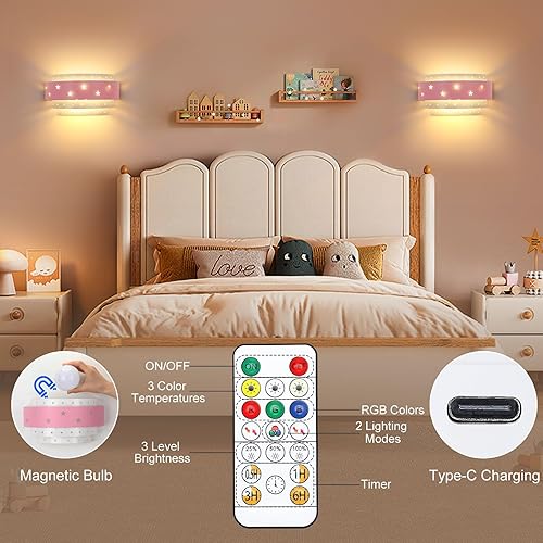Miniatura 7 de Lightess Aplique de pared rosa funciona con pilas para habitación de niñas, luz LED regulable, lámpara de pared inalámbrica para decoración de