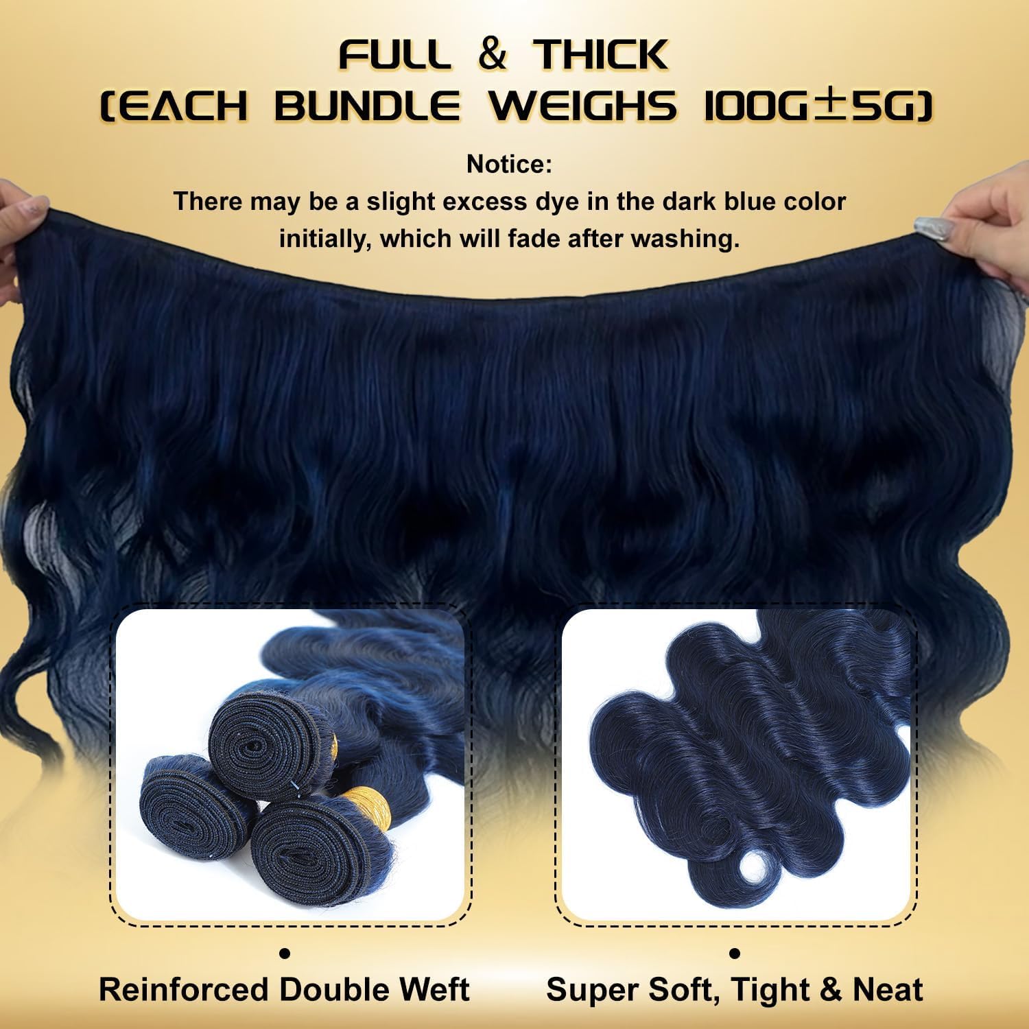 Dark Blue Human Hair Bundles with 4x4 HD Transparent Lace Closure, 12A Body Wave 100% Brazilian Virgin Hair Soft Thick Perfect for Quick Weave Sew-In 18 20 22 Inch + 4x4 Closure 18 Inch