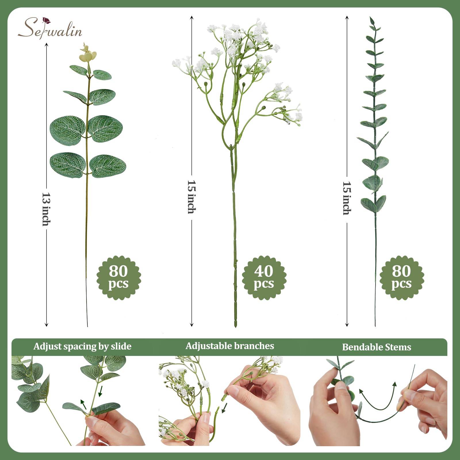 Serwalin Assortiment de 200 tiges d'eucalyptus artificielles