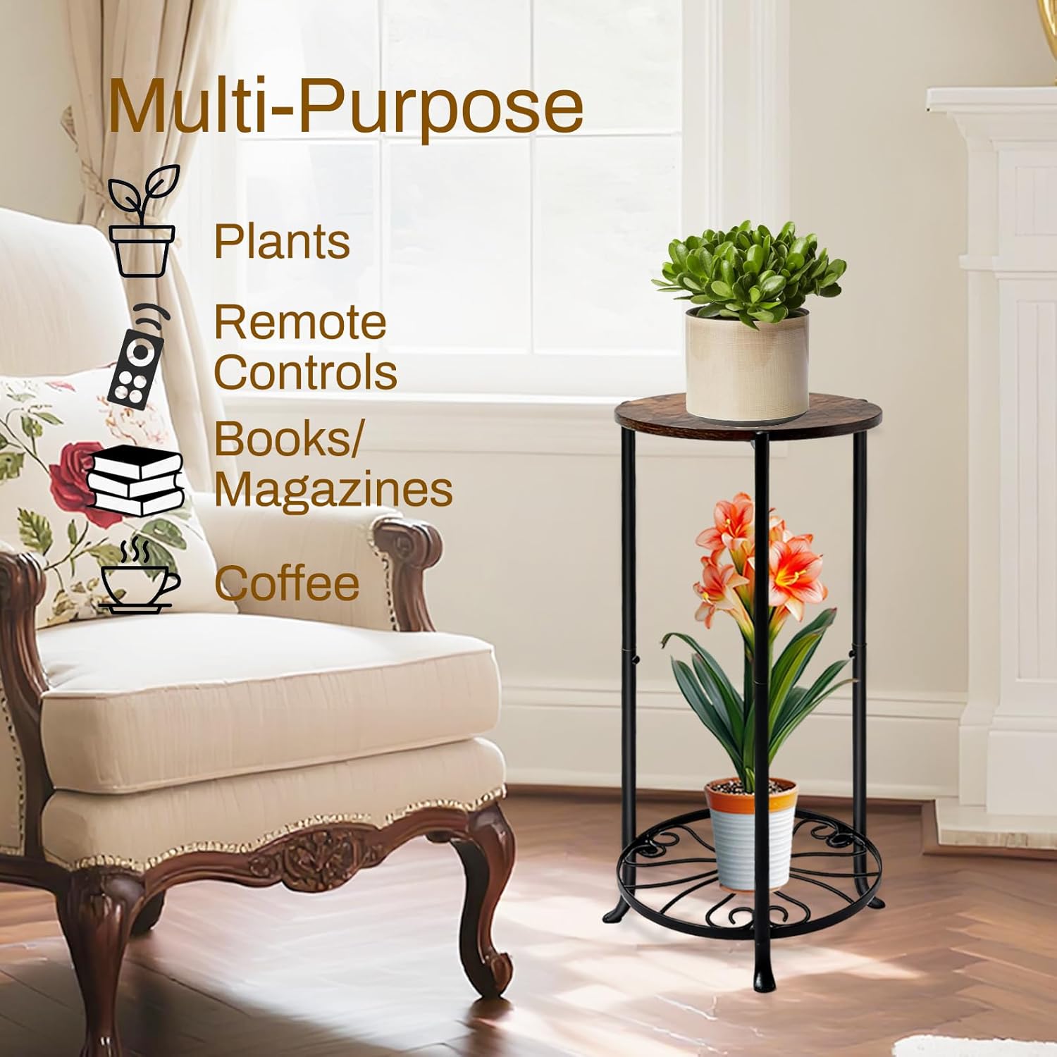 Plant Stand Indoor, 2 Tier Wood Round Potted Holder Rack, 27 " Tall Flower Pot Stand Shelf, Round Supports Plant Stand for Large Plants, Corner Plant Shelf for Balcony Garden Patio Living Room, Brown