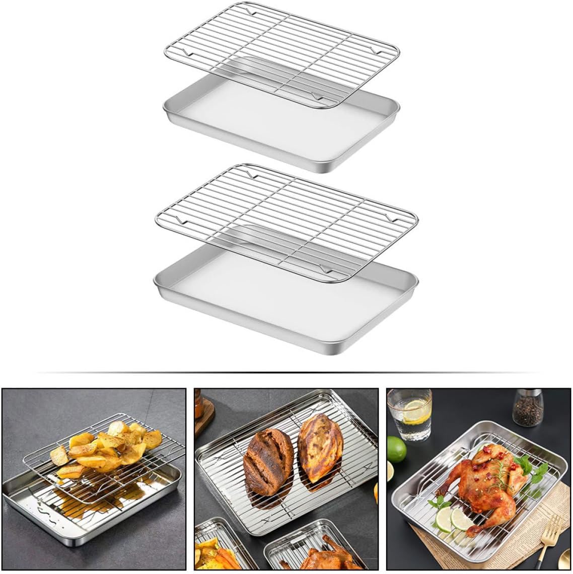 2 Sets Stainless Steel Baking Tray and Cooling Rack Set, Oven Roasting Pan with Wire Rack, 23.5x17.5x2.5cm 26.5x20.5x2.5cm, Sturdy Metal Bakeware for Home and Restaurant Use