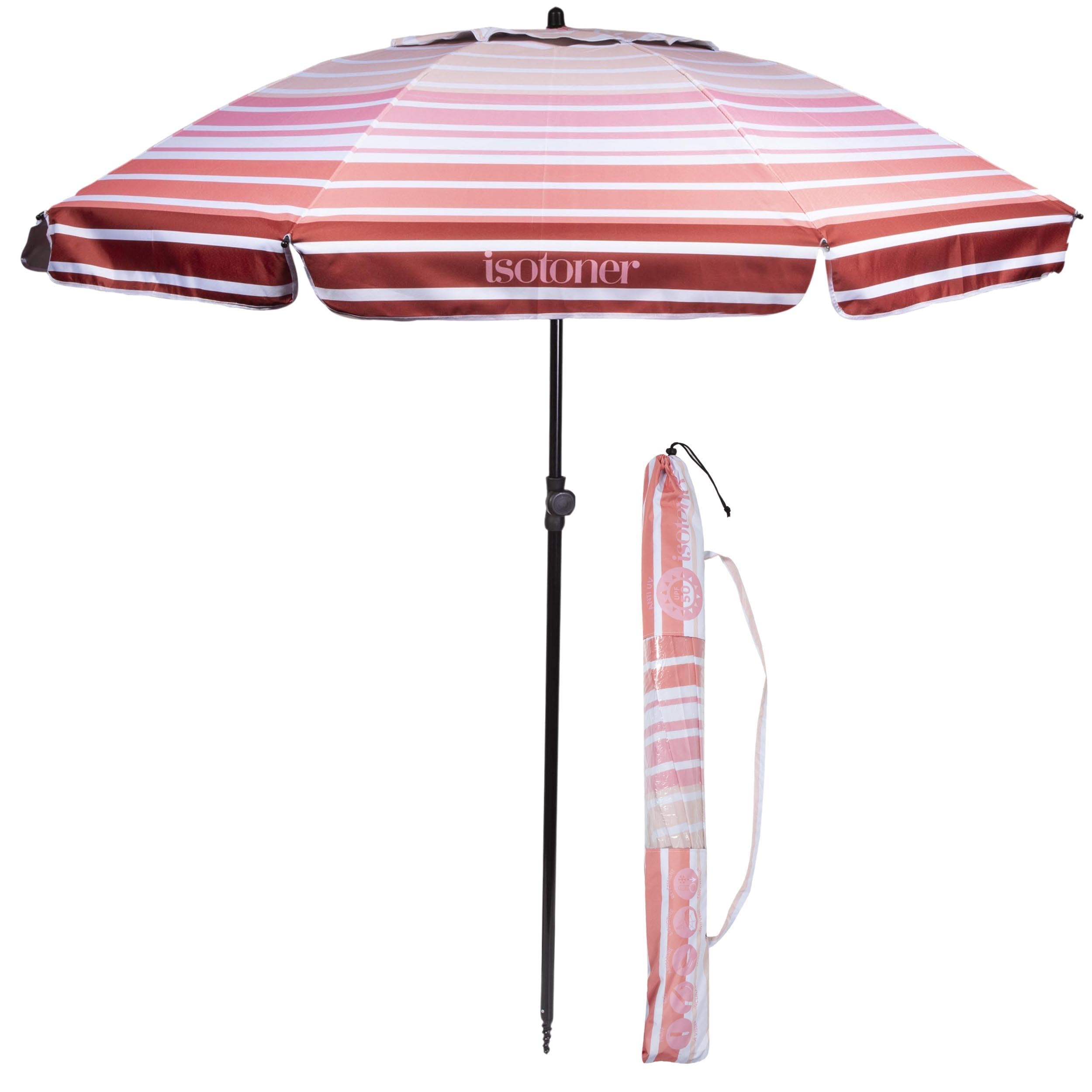 Isotoner Parasol de plage ultra résistant, structure anti vent, de jardin, ultra résistant, structure anti vent, léger réglable en hauteur et inclinaison et anti uv upf50+, 160 cm rayure saumon