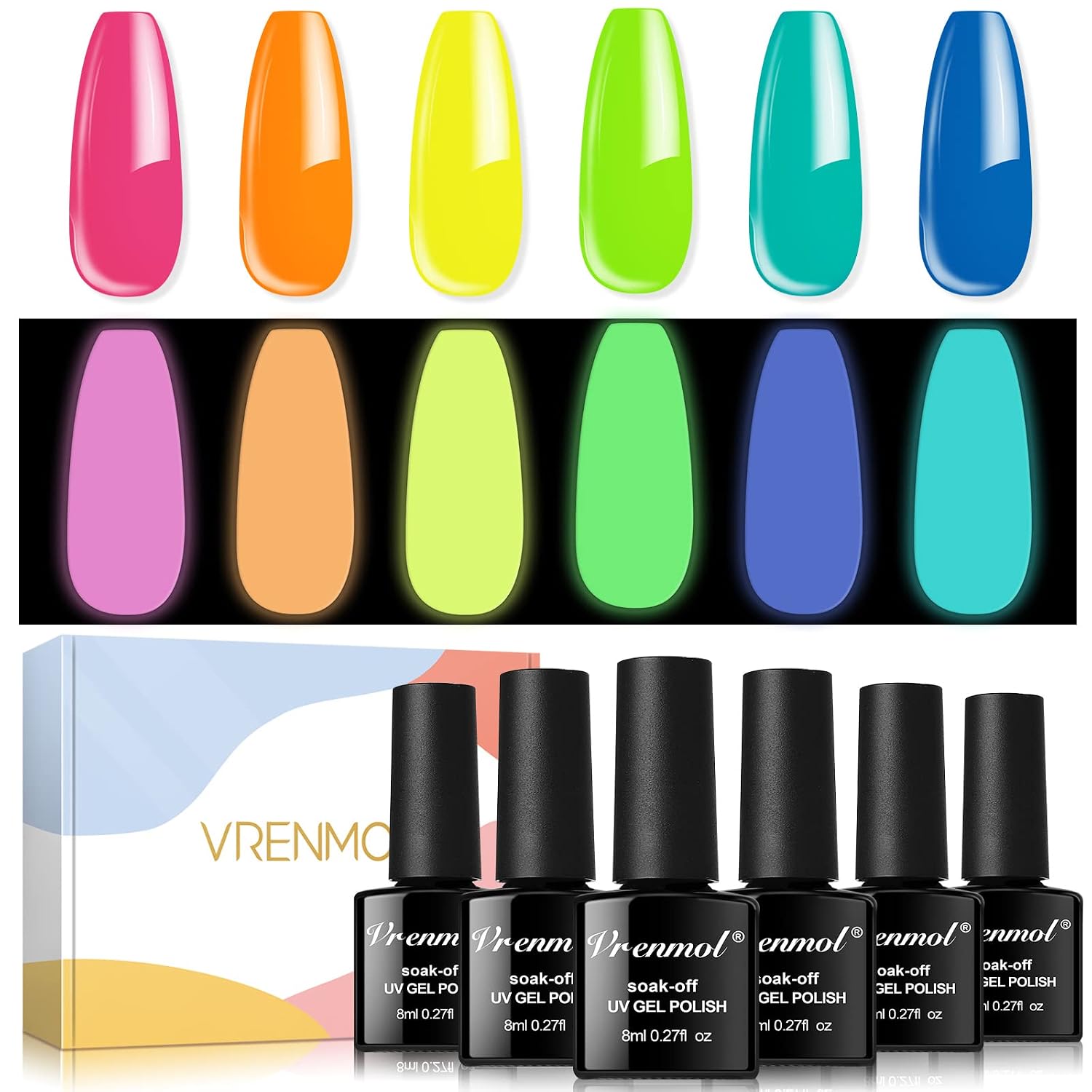 VRENMOL Glows in The Dark Gel Nail Polish Set - Christmas 6 Colors Luminous Neon Gel Polish Soak Off U V Fluorescent Bright Colors Glows Effect Gel Nail Polish for DIY Nail Art Design