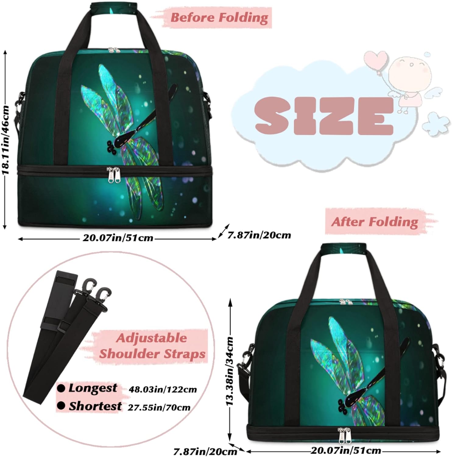 Glass Dragonfly Green Foldable Travel Duffel Bag Tote, Abstract Dragonfly Lightweight Luggage Sports Gym Bag with Shoes Compartment Weekender Overnight Bag for Women & Men - Image 2