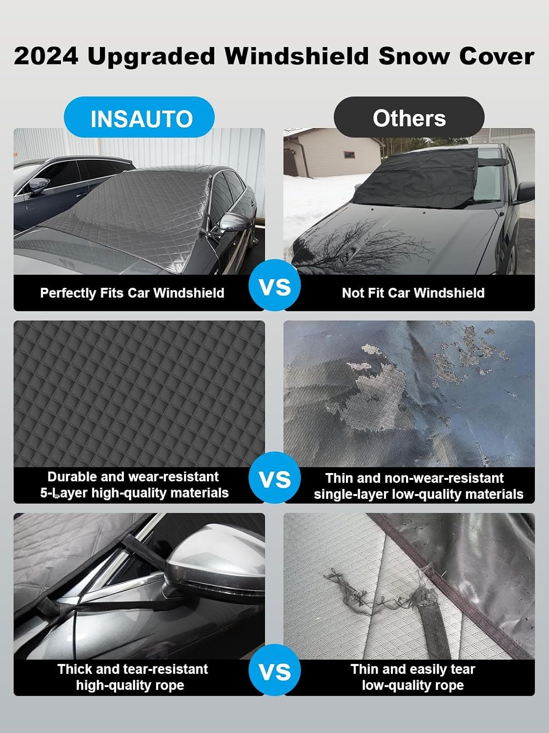 INSAUTO Upgraded 5-Layer Car Windshield Cover for Ice and Snow, Car Front Windshield Snow Cover Designed for Harsh Weather, Fit for Most Cars, SUVs and Trucks (70 x 47 Inch)