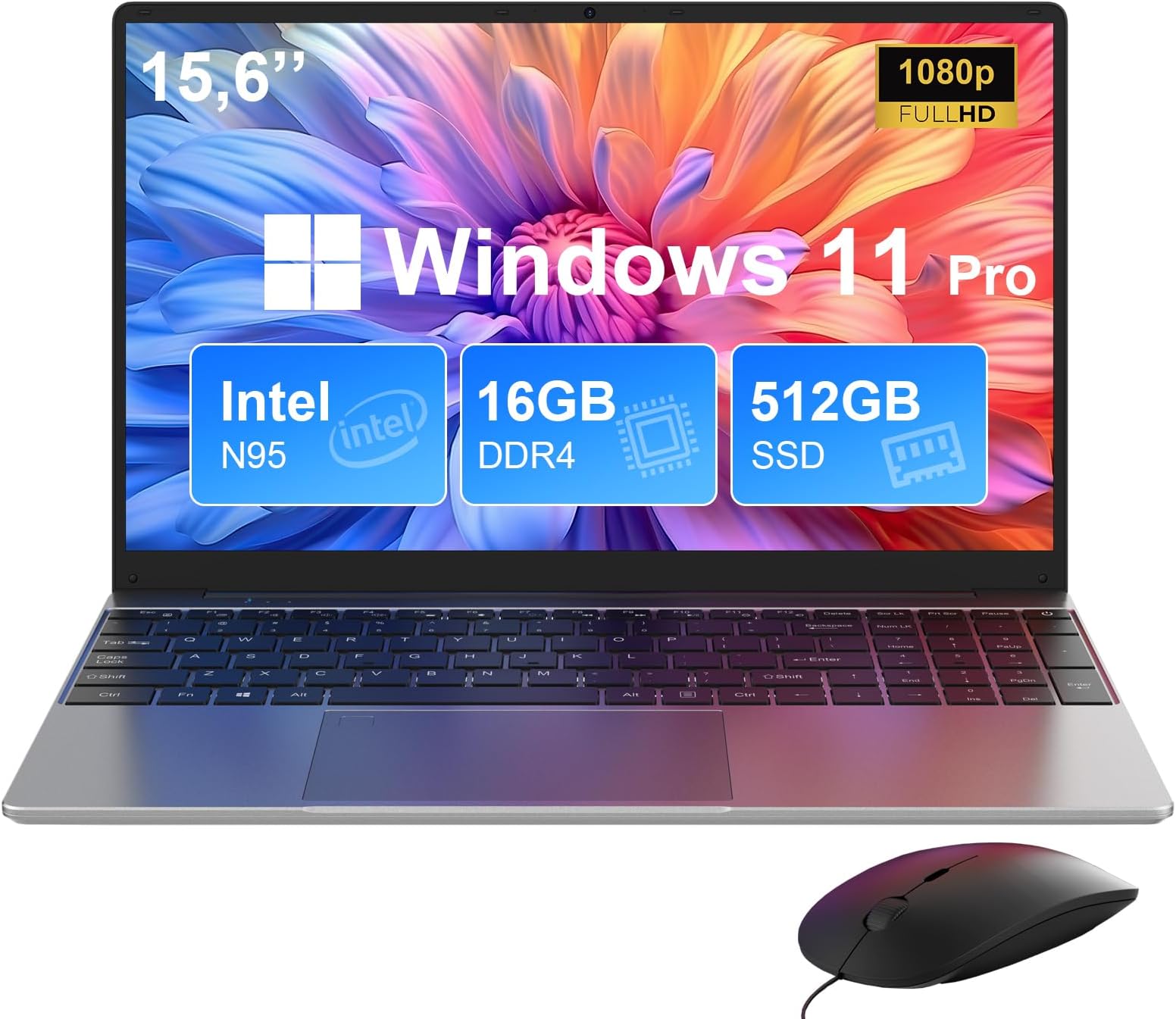 PINSTONE PC Portable Ordinateur 16 Go RAM LPDDR4 512 Go SSD 15,6 Pouces UHD Celeron N5095