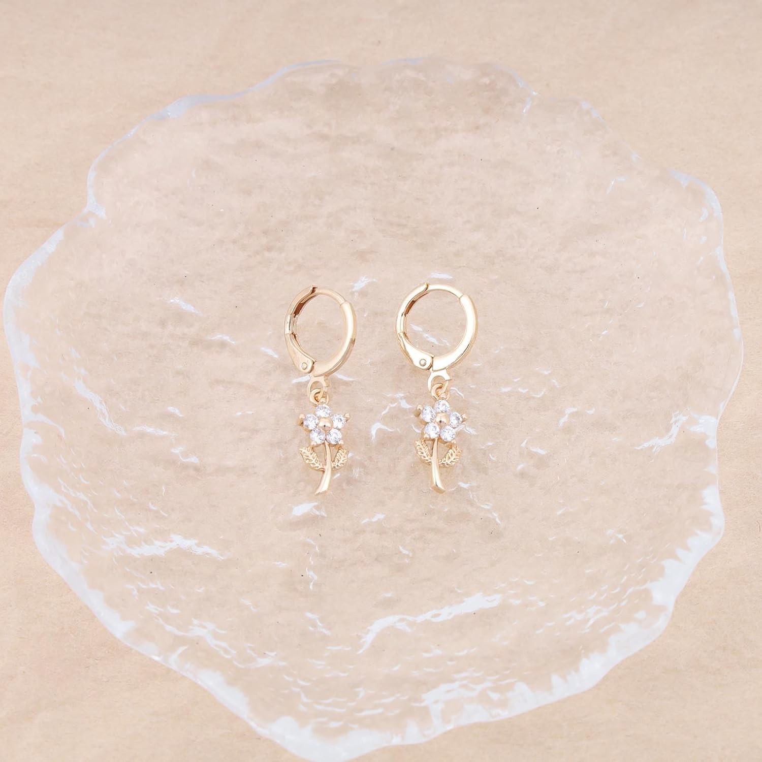 Andelaisi Boho Crystal Flower Dangle Earrings Vintage Flower Huggie Hoop Earrings Gold CZ Flower Earrings Personalized Flower Drop Earrings Jewelry for Women - Image 3