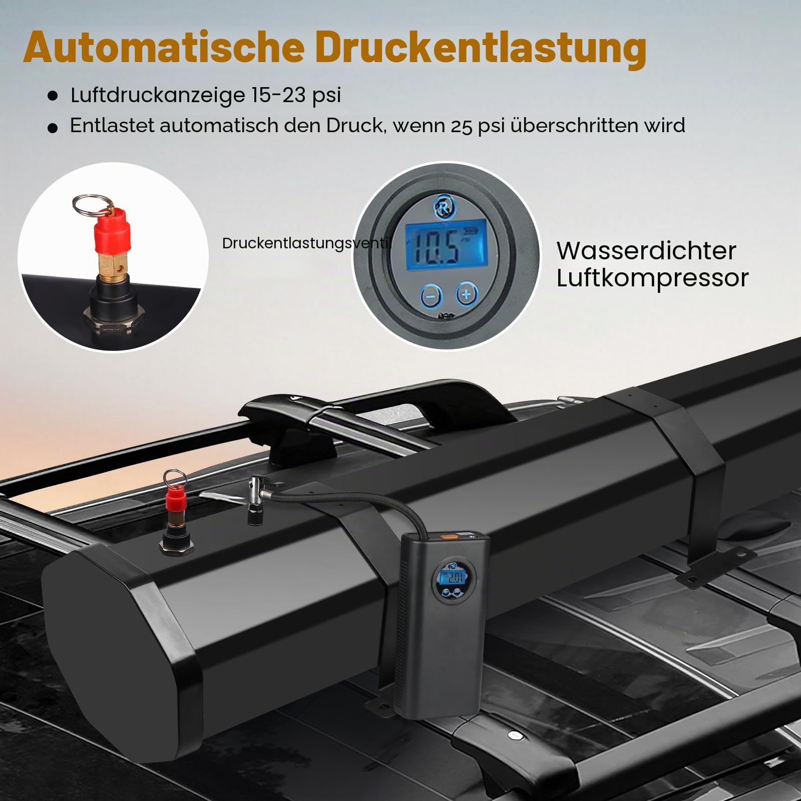 Dachgepäckträger-Wassertank Wasserspeicher für Fahrzeuge 30 L Außen-Dusche mit Druckpumpe, Duschkopf und Schlauch für Kofferräume Überrollbügel Querträger- Wohnmobil Camper Caravan Offroad, Pickup SUV
