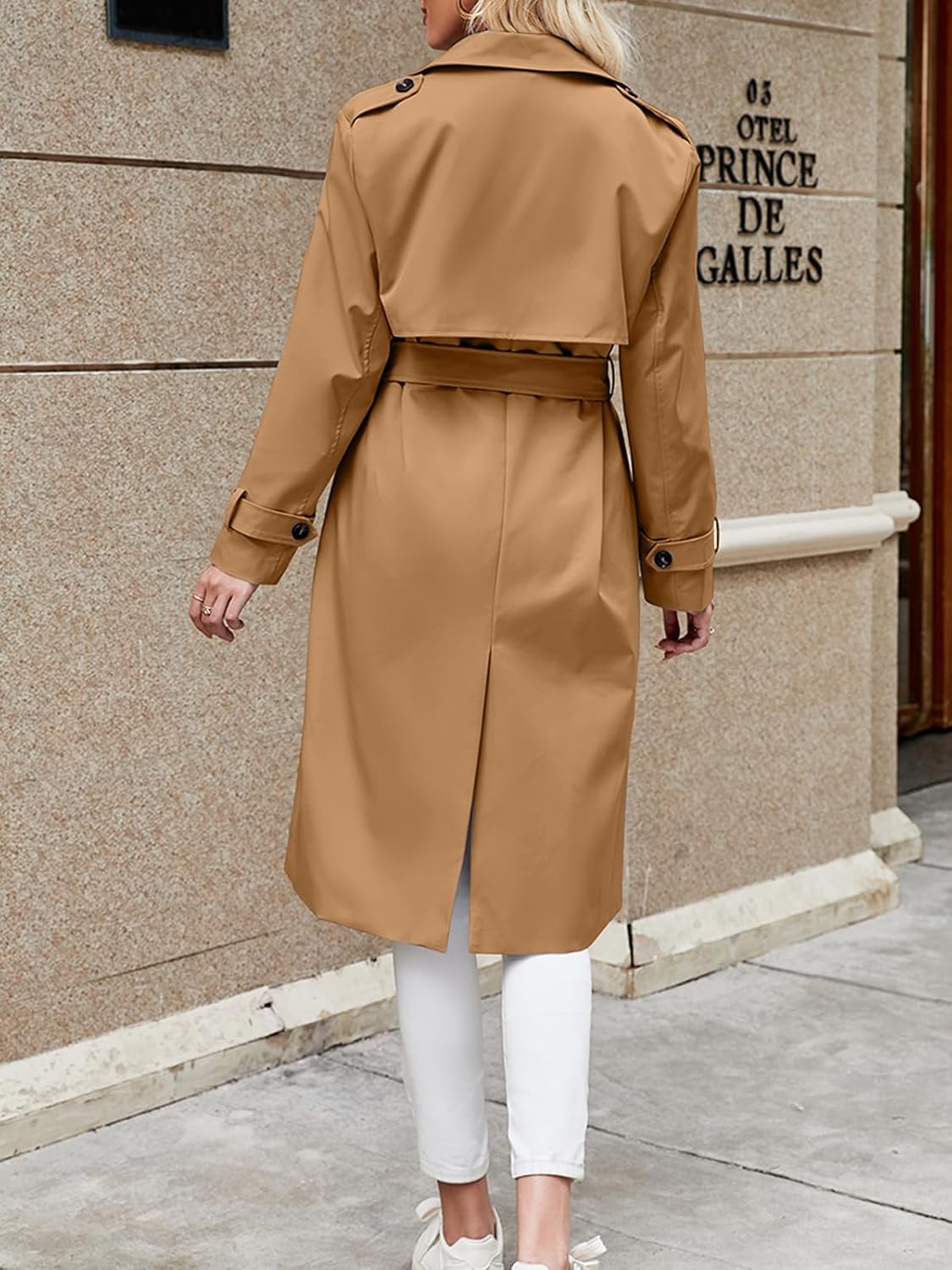 Fisoew Women's Double Breasted Trench Coats Causal Windproof Long Lapel Pocketed Overcoat with Belt - Image 5