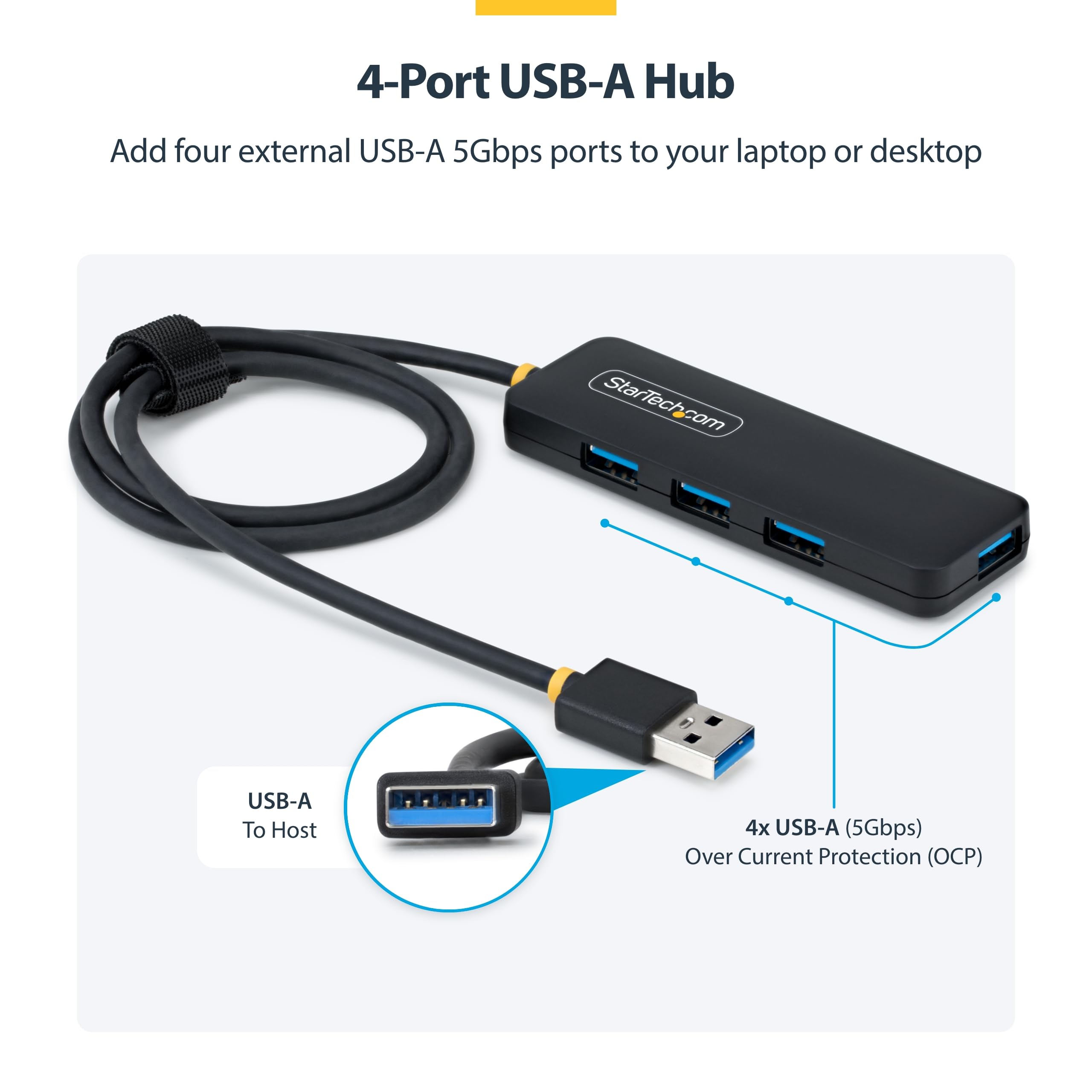 StarTech. com 4-portowy hub USB-A, zasilany magistralą, mini hub z 4 portami USB-A 5 Gb/s, do laptopa/komputera stacjonarnego; wbudowany kabel 61 cm, wykonany z tworzywa PRC