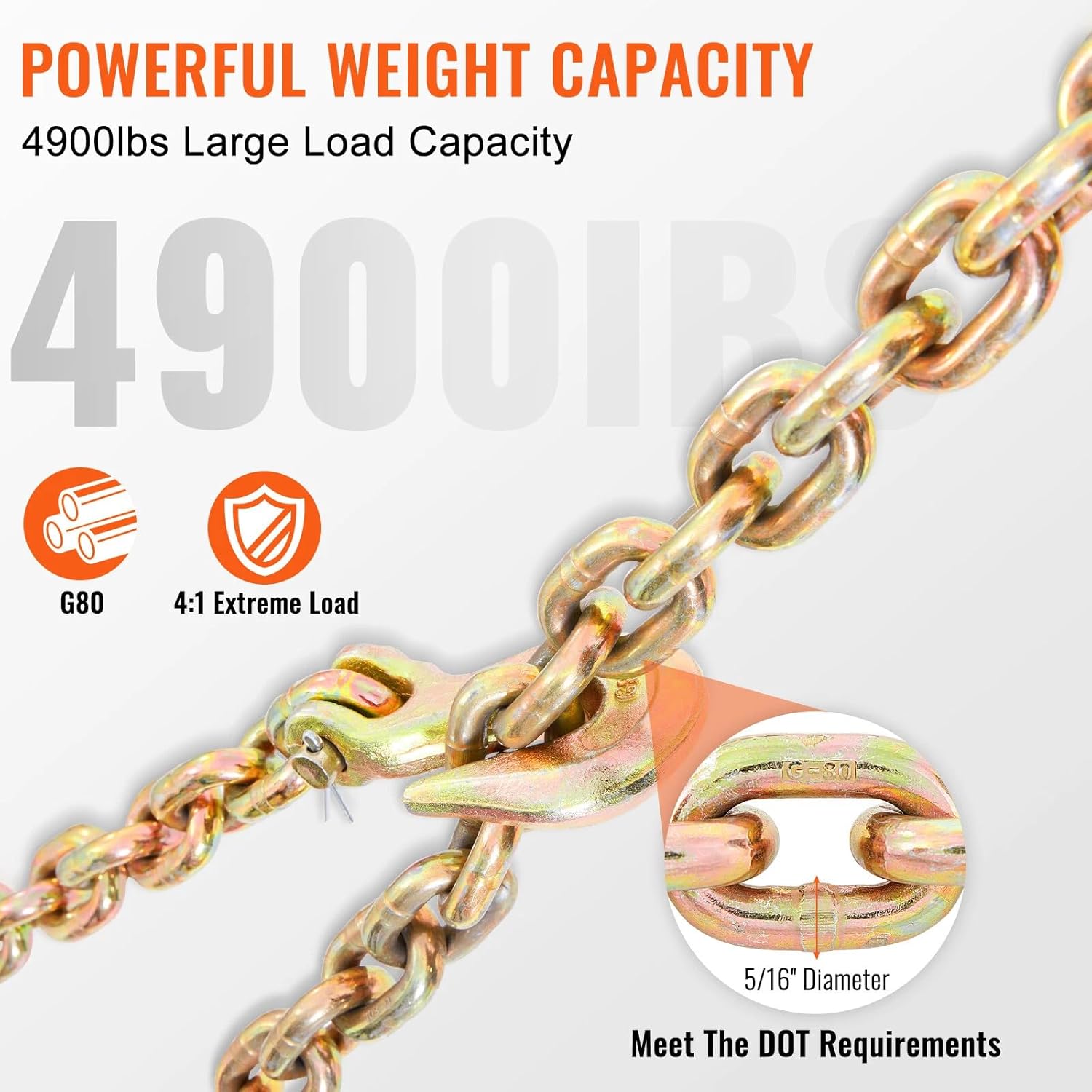 Heavy Duty G80 Tow Chain with Hooks, 5/16 Inch x 20 Feet, 4900 lbs Load Capacity, 2-Pack Binder Chain for Towing