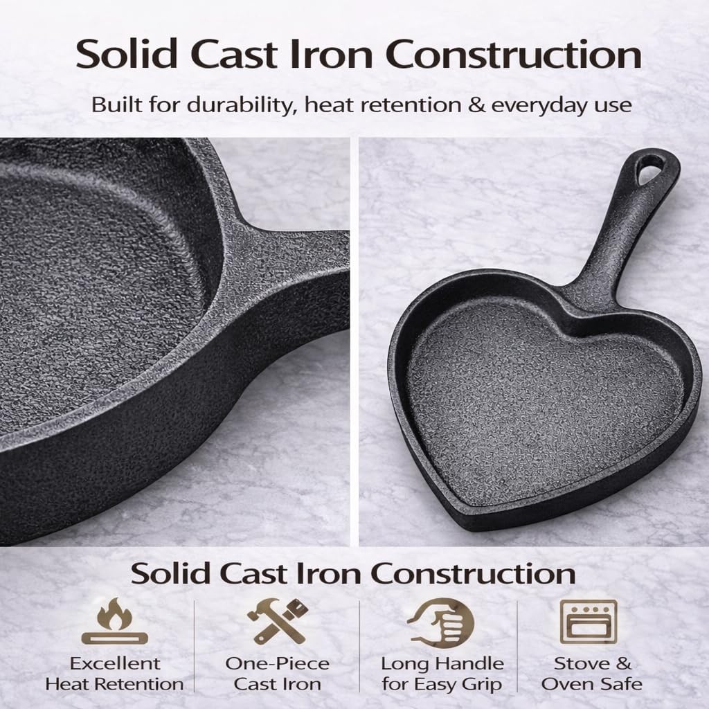 2 Pack Heart Shaped Cast Iron Skillet, 5 Inch Mini Cast Iron Skillets with Long Handle, Small Iron Skillet & Cast Iron Pan for Eggs, Cookies & Baking, Valentine’s Gift Set