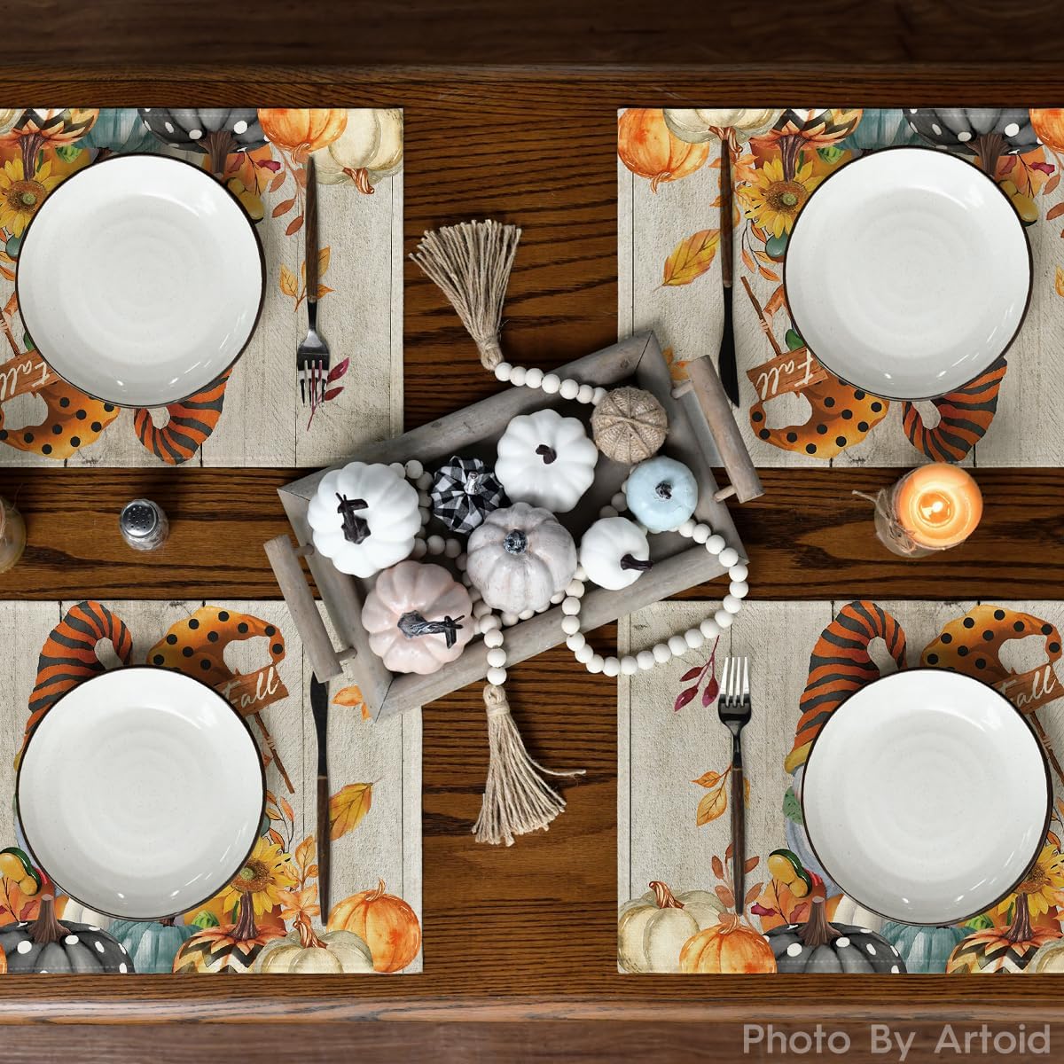 Artoid Mode Wood Gnomes Pumpkins Fall Placemats Set of 6, 12x18 Inch Seasonal Thanksgiving Table Mats for Party Kitchen Dining Decoration | Heat-Resistant Table Mats, Washable Seasonal Autumn Maple Leaves Kitchen Dining Decor