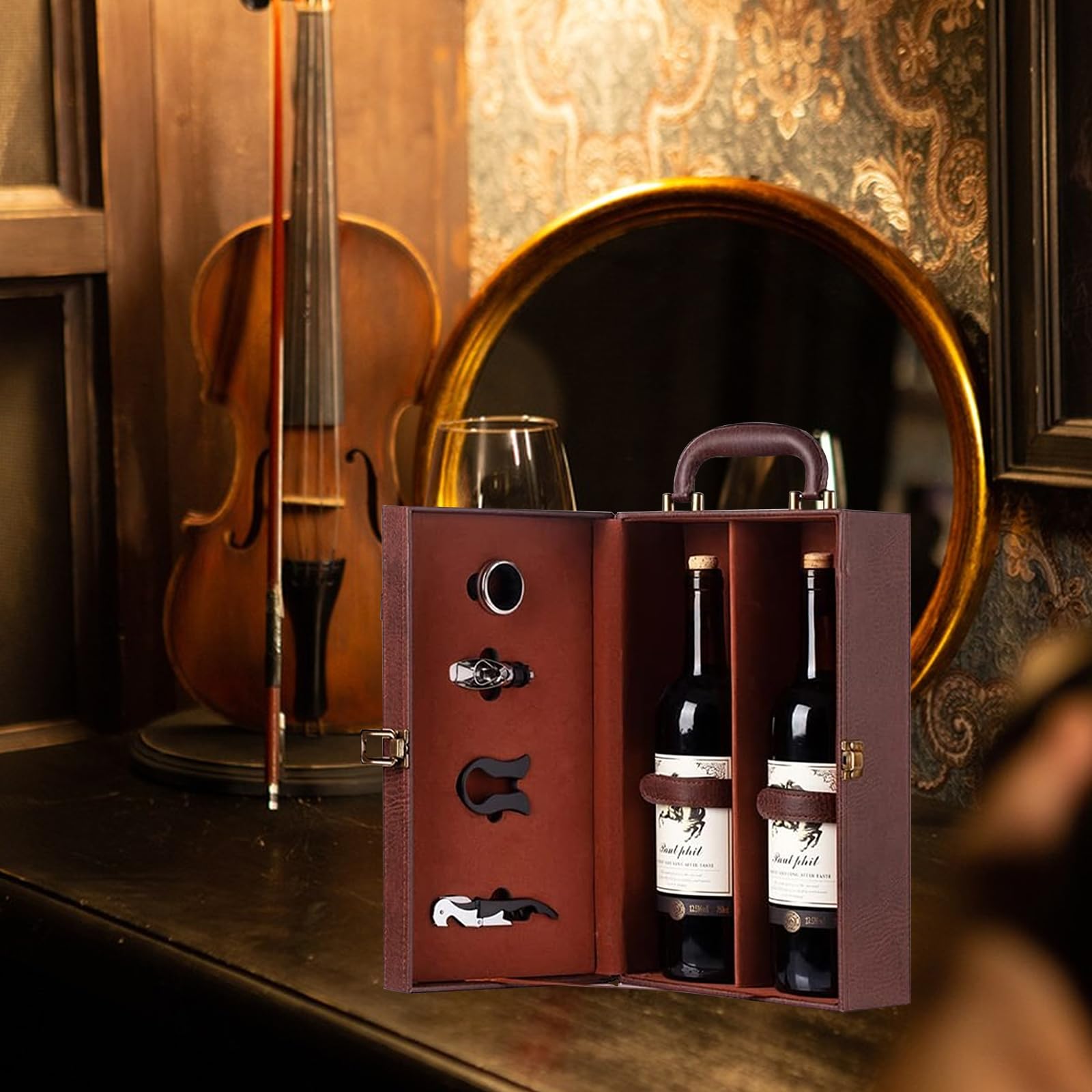 Bayli 4-delige sommelierset in mooie geschenkdoos voor 2 wijnflessen | wijnbox van kunstleer voor 2 x 0,7 l wijnfles | draagbare wijnkist voor wijn | elegante wijnkoffer met draaggreep