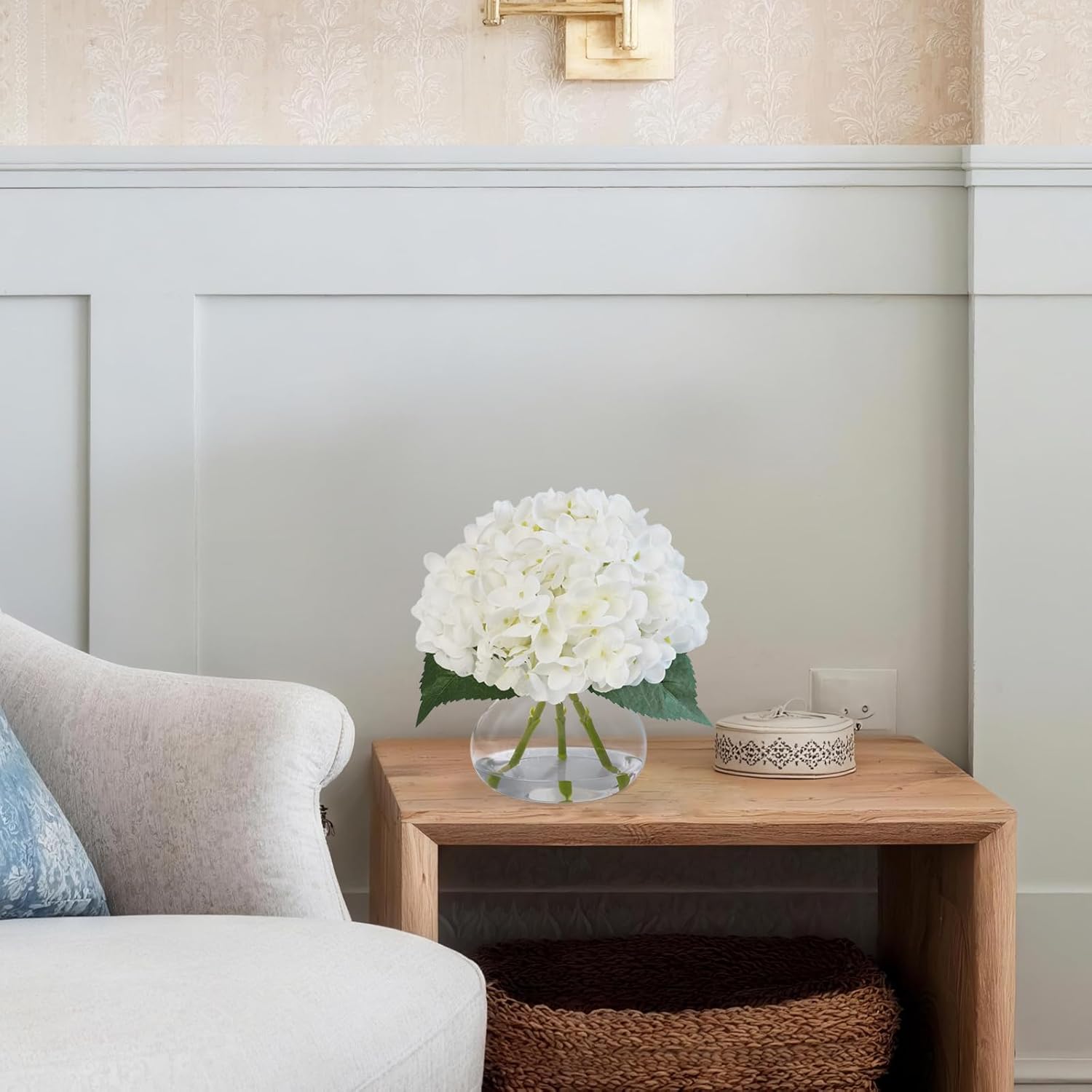 Hydrangea Artificial Flowers in Glass Vase, White Silk Fake Flowers Silk Centerpiece Table Decorations for Dining Room, Coffee Table Decor,Wedding, Home with Faux Water Decor(White) - Image 6