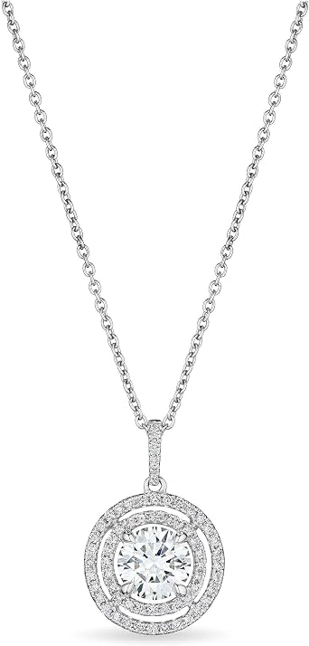Round Cut Diamond Pendant Necklace with Double Halo, 2 CT