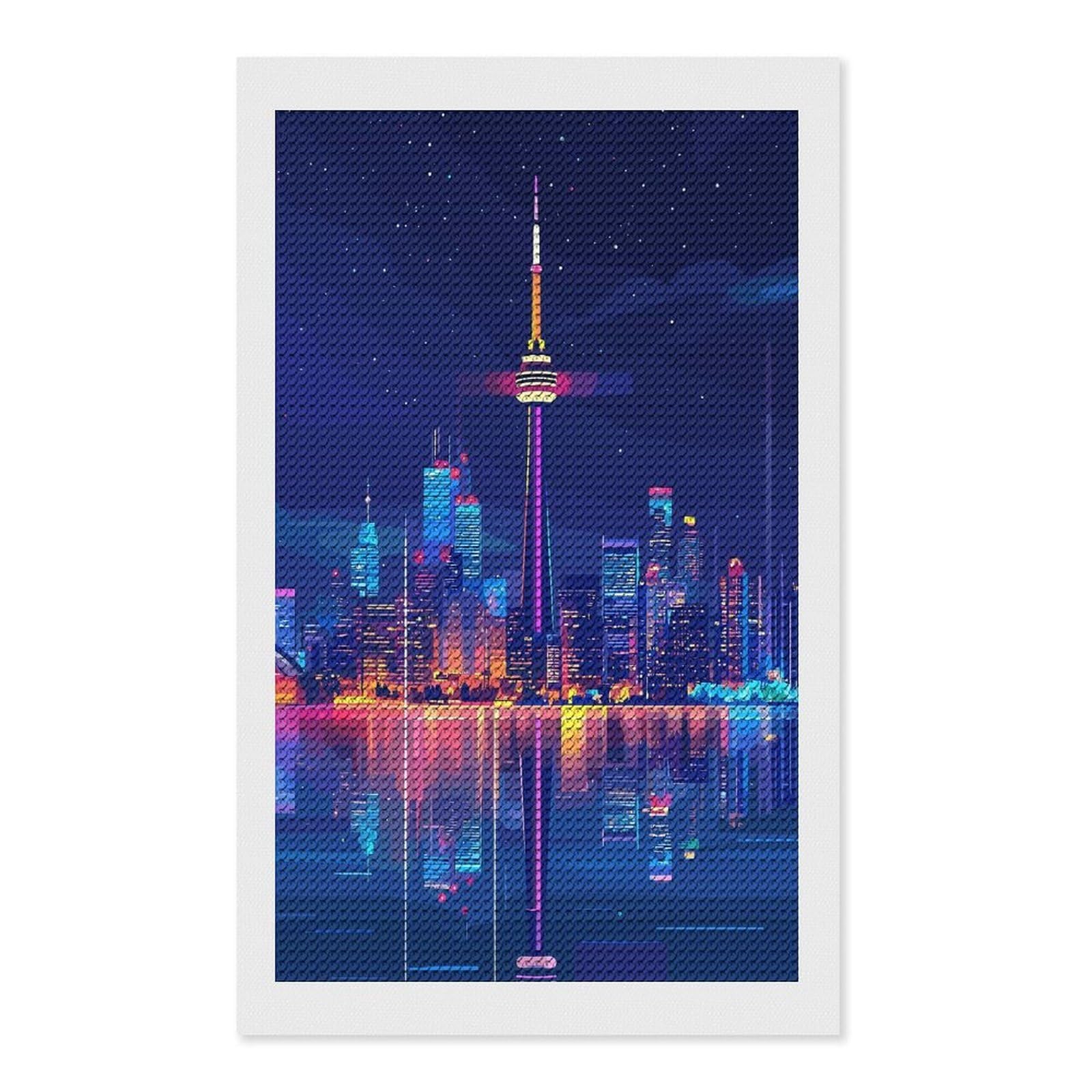 Junmoney Toronto Skyline at Night Full Drill Diamond Painting Kit 12"x20", Mindful Craft Activity, Bedroom Decor, for Adults, Gift Idea