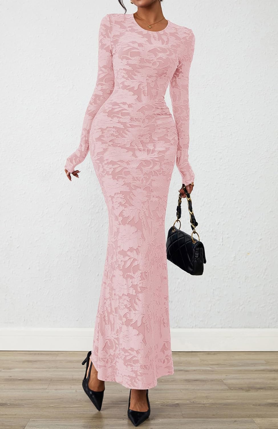 BTFBM Wedding Guest Dresses for Women 2026 Spring Elegant Floral Lace Ruched Long Sleeve Bodycon Cocktail Party Maxi Dress - Image 9