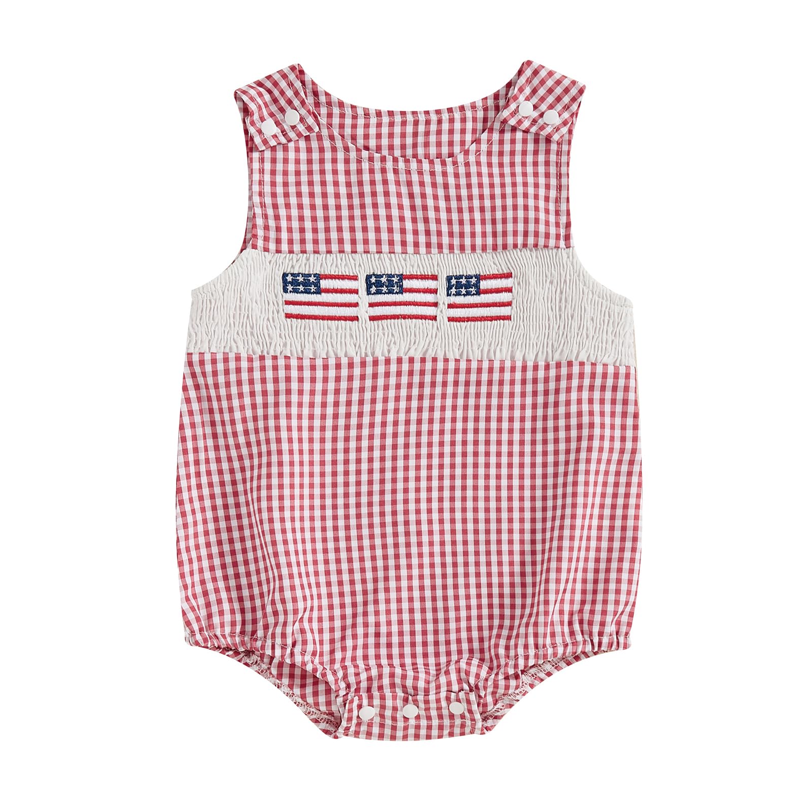 BeQeuewll 4th of July Baby Clothes Newborn Girl Boy Smocked Bubble Romper Flag Plaid Overalls Infant First 4th of July Outfit