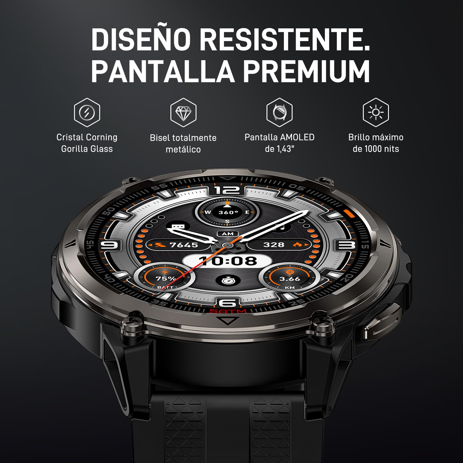 KOSPET Orb 2 Reloj Inteligente Hombre y Mujer, GPS Doble Banda,5 ATM e IP69 | Smartwatch Militar AMOLED 1.43",16 Días Batería, Linterna LED, 170+ Deportes, Ritmo Cardíaco y Sueño para Android iPhone