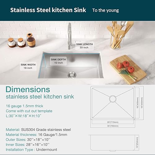 Miniatura 2 de TORVA Fregadero de Montaje Bajo para Cocina de Acero Inoxidable de una Cavidad Calibre 16, Fregadero de Cocina de 9 Pulgadas de Profundidad, US 30 x