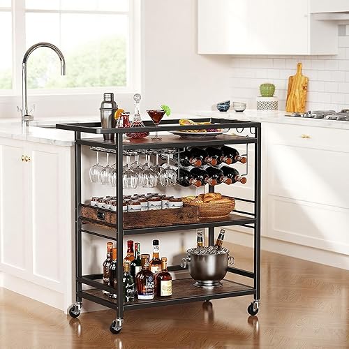 Miniatura 2 de Leteuke Carrito de Bar para el Hogar, Carro de Servicio con Ruedas de 3 Niveles en Negro, Carro de Bebidas, Soporte de Licores con Bandeja