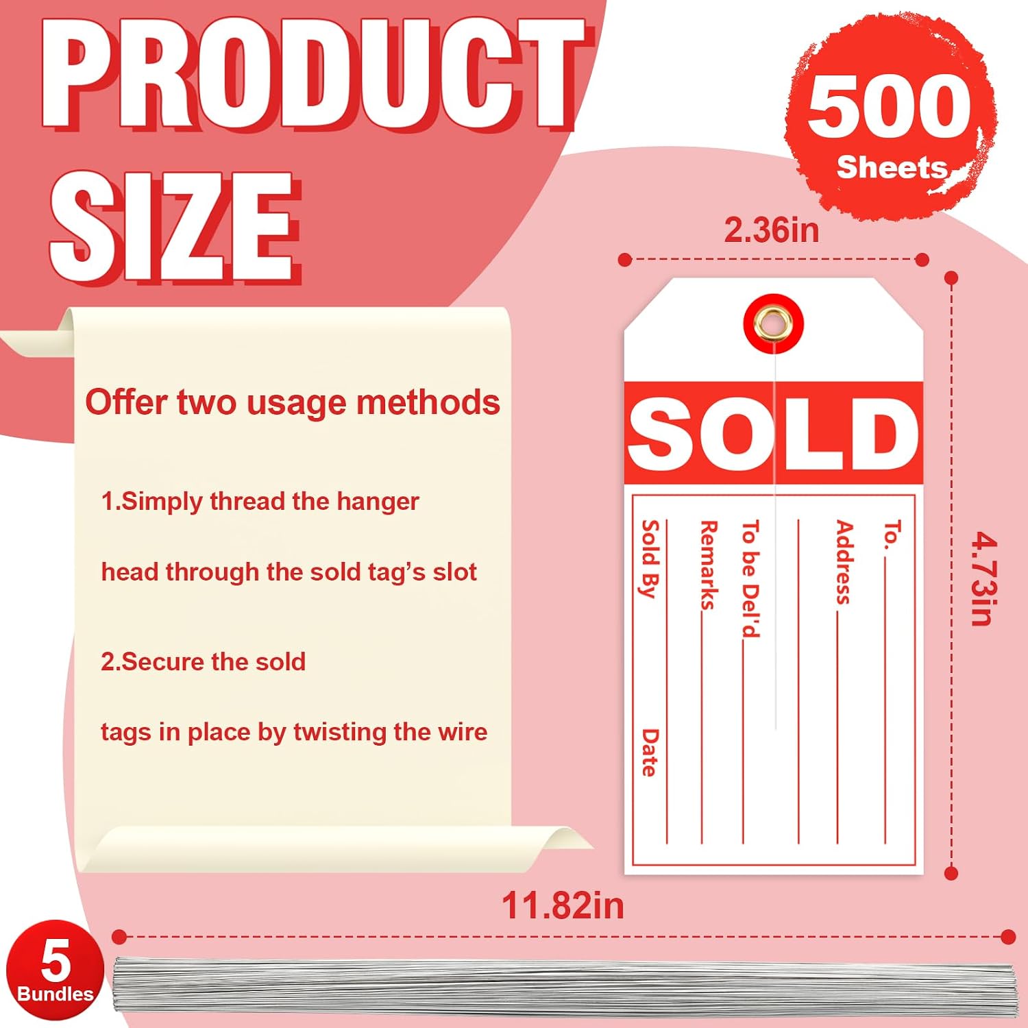 500 Pcs White Red Sale Sold Tags with Center Slit Sold Slit Tags with Wire 5mm Reinforced Hole 2 3/8" X 4 3/4" Coated Paper Merchandise Tag for Retail Store Hang on Furniture (500)