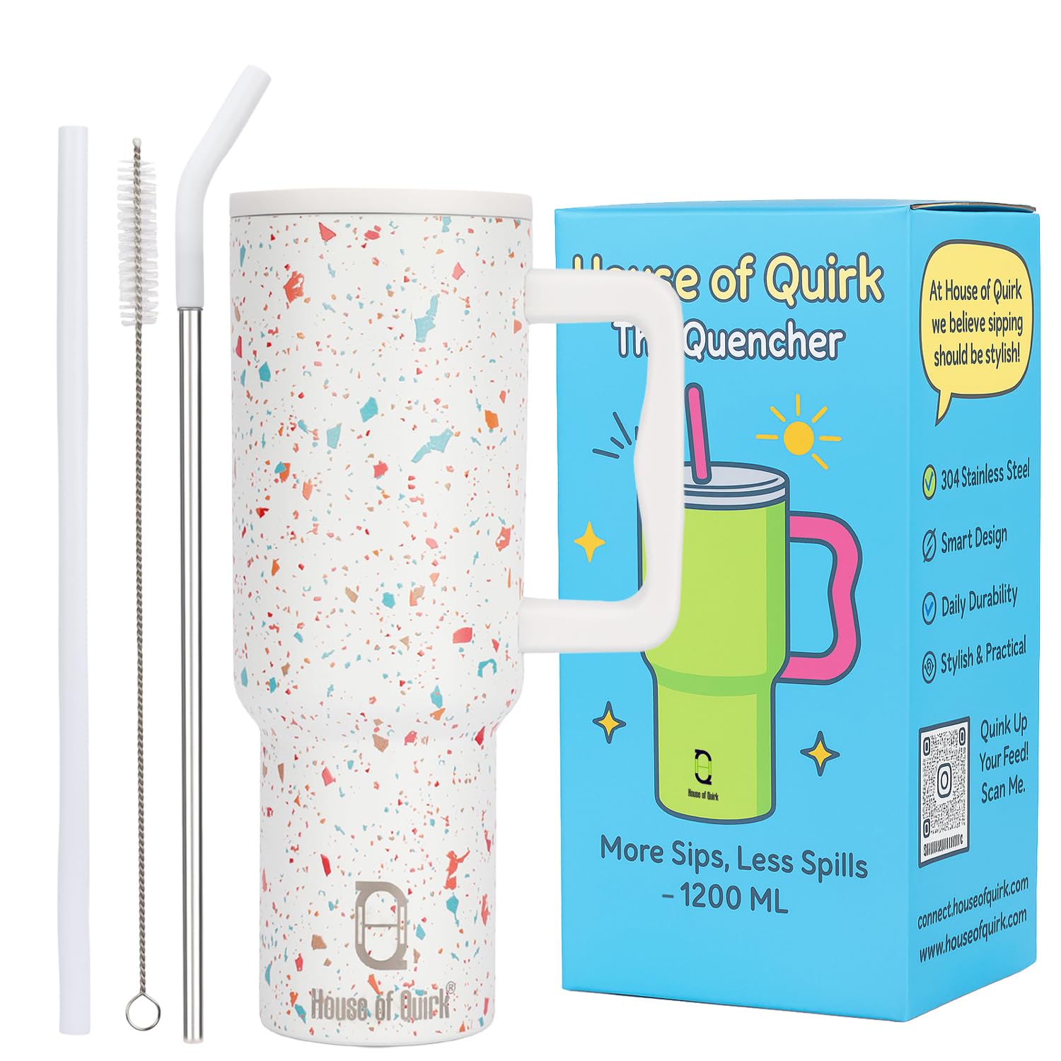 House of Quirk 1200ML Stainless Steel Tumbler with Handle & Lid, 2 Straws – Large Travel Mug Water Cup for Gym, Office & Outdoor Use (Cream Paint)