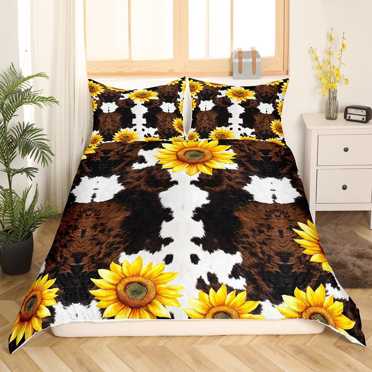 Sunflower Cow Fur Duvet Cover for Cabin Decor,Boys Highland Cow Animal Skin Comforter Cover,Girls Yellow Floral Bedding Set Soft,Wildlife Farmhouse Cow Cowhide Quilt Cover with 2 Pillowcases,Full