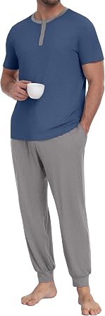 PrinStory Mens Pajamas Set Short Sleeve Henley Pjs Sets S-3XL | 2 Piece Pajama Sets with Pockets, Lightweight, Comfy, Breathable Sleepwear for Sleep, Home, Workout, Vacation, Holiday