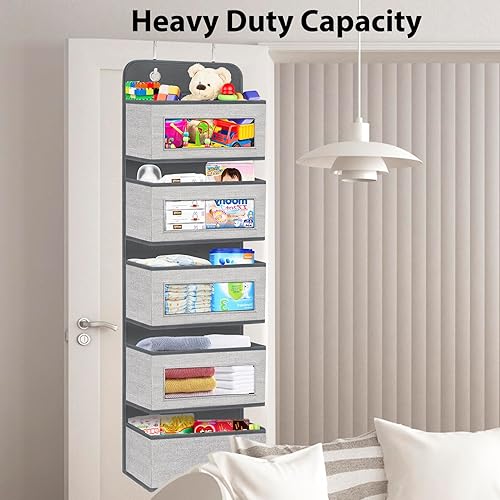 Miniatura 8 de homyfort Paquete de 2 organizadores para colgar sobre la puerta con 5 bolsillos grandes y ventana transparente, organizador de almacenamiento