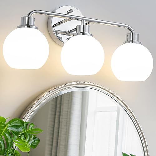 Lámpara cromada para tocador de baño, lámparas sobre el espejo, 3 lámparas de pared, luces plateadas con globos de leche, pantallas de vidrio,