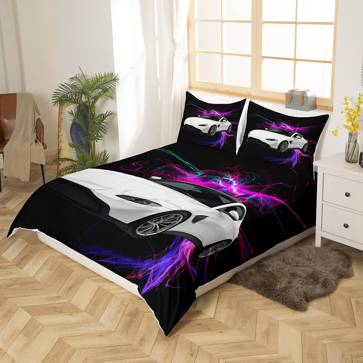 Car Duvet Cover Sports Car Bedding Set for Kids Boys Girls Extreme Sports Comforter Cover Car Sports Competition Bedspread Cover Purple Automobile Style Single Size Quilt Cover 2Pcs - Image 3